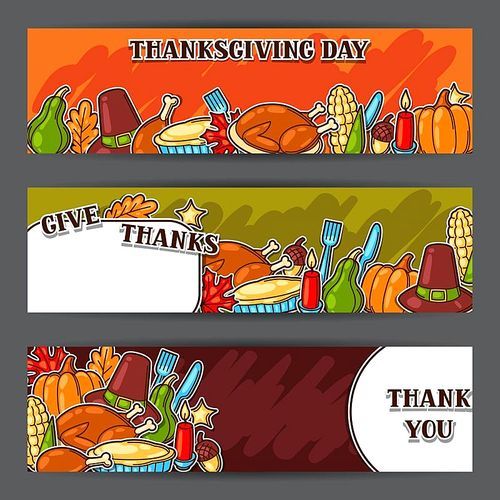 Happy Thanksgiving Day banners with holiday objects.