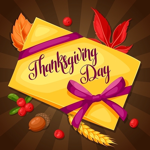 Thanksgiving Day greeting card. Background with letter and autumn objects.