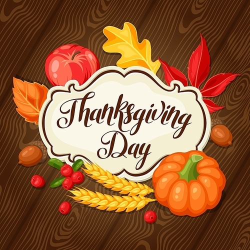 Thanksgiving Day greeting card. Background with autumn objects.