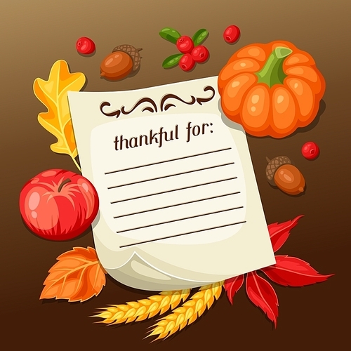 Thanksgiving Day greeting card. Background with note and autumn objects.