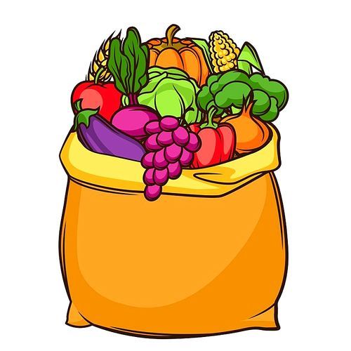 Harvest illustration of bag with seasonal fruits and vegetables.