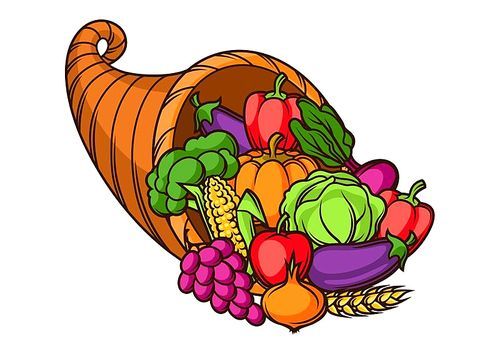 Harvest illustration .Autumn cornucopia with seasonal fruits and vegetables.