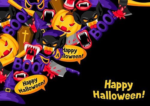 Happy Halloween background with cartoon holiday symbols. Invitation to party or greeting card.