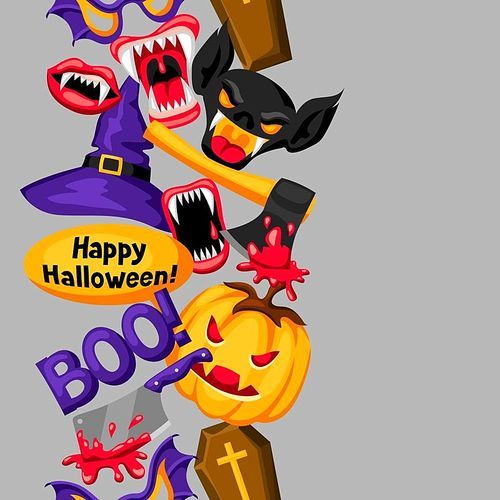 Happy Halloween background with cartoon holiday symbols. Invitation to party or greeting card.