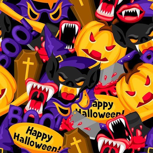 Happy Halloween seamless pattern with cartoon holiday symbols.