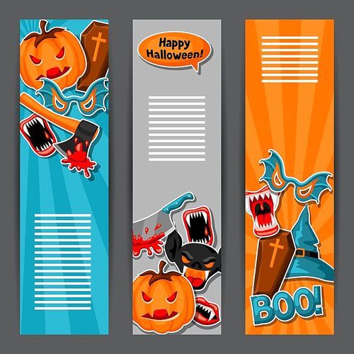 Happy Halloween banners with cartoon holiday sticker symbols. Invitation to party or greeting card.