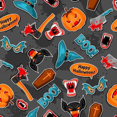 Happy Halloween seamless pattern with cartoon holiday sticker symbols.