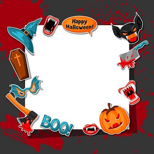 Happy Halloween frame with cartoon holiday sticker symbols. Invitation to party or greeting card.