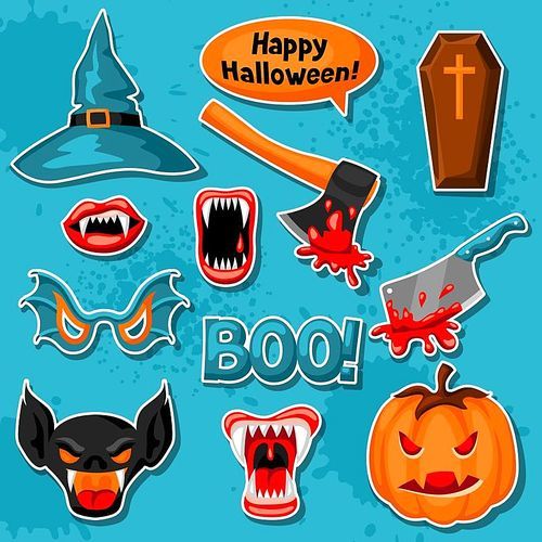 Happy Halloween set of cartoon holiday sticker symbols.