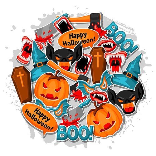 Happy Halloween background with cartoon holiday sticker symbols. Invitation to party or greeting card.