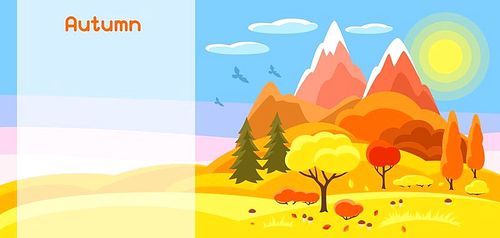Autumn banner with trees, mountains and hills. Seasonal illustration.