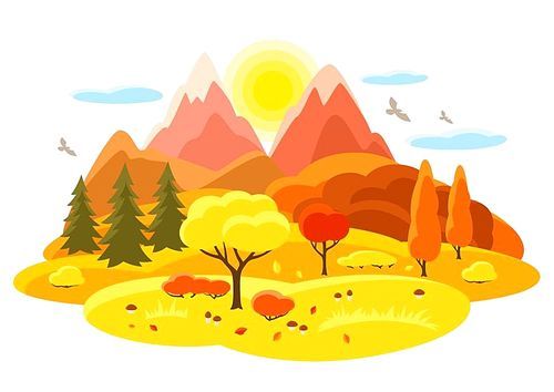 Autumn landscape with trees, mountains and hills. Seasonal illustration.
