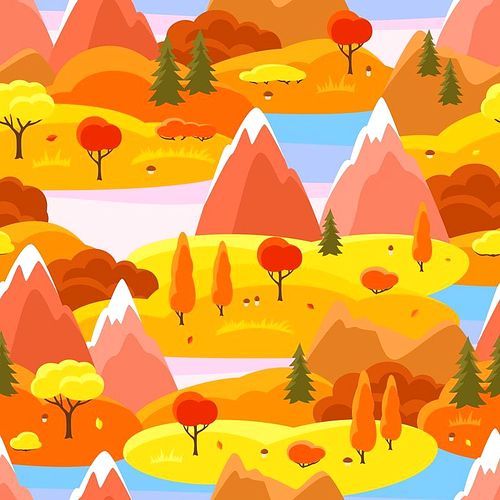 Autumn seamless pattern with trees, mountains and hills. Seasonal landscape illustration.