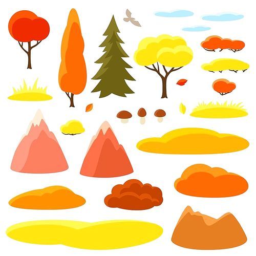 Autumn set of trees, mountains and hills. Seasonal collection.