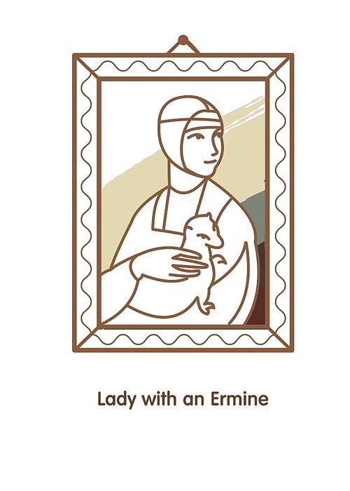Lady with an ermine. Illustration painting artist Leonardo da Vinci. Vector linear illustration.