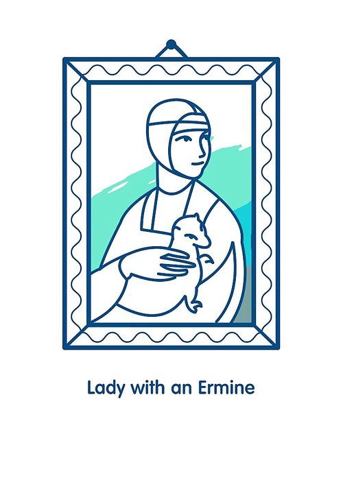 Lady with an ermine. Vector linear illustration. Painting by Leonardo da Vinci.