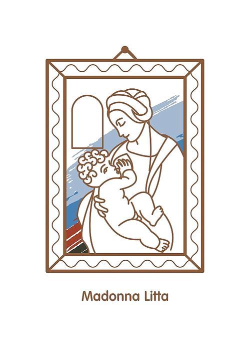 Madonna Litta. Vector icon of Leonardo da Vinci. The virgin Mary breastfeeding the Christ child.