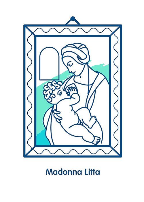 Madonna Litta. Vector illustration of Leonardo da Vinci. The virgin Mary breastfeeding the Christ child.
