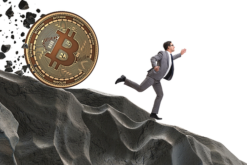 Bitcoin chasing businessman in cryptocurrency blockchain concept