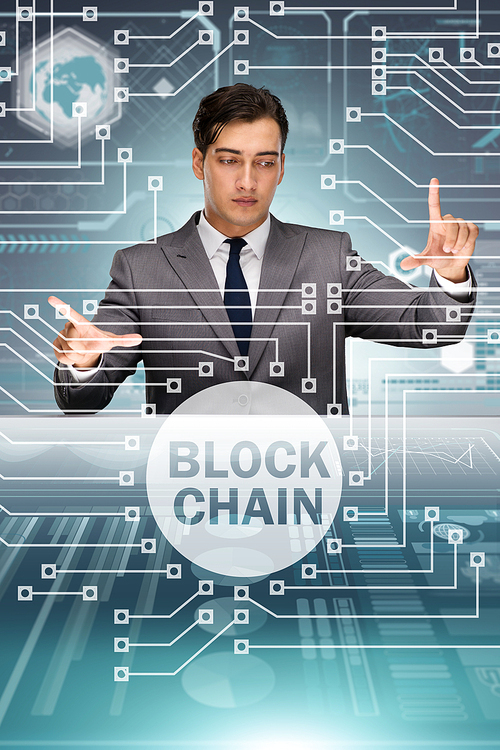 Businessman in blockchain cryptocurrency concept