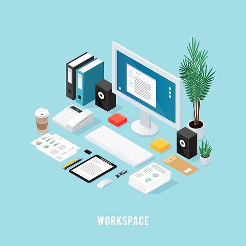 Colored 3d office workspace isometric composition with neatly folded tools on table vector illustration