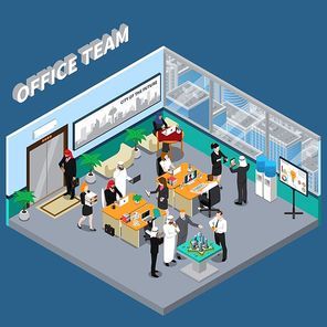 arab persons in  clothing and european workers and partners in office in skyscraper isometric vector illustration