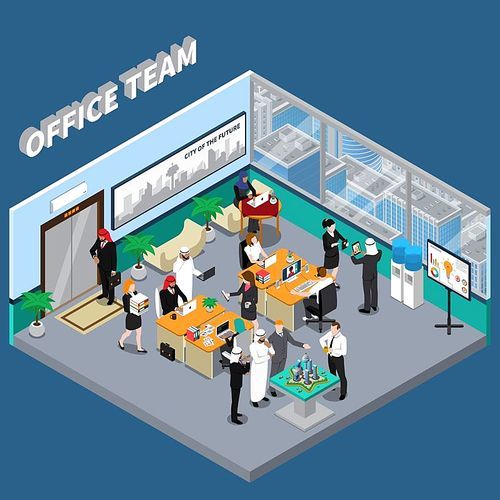 arab persons in  clothing and european workers and partners in office in skyscraper isometric vector illustration