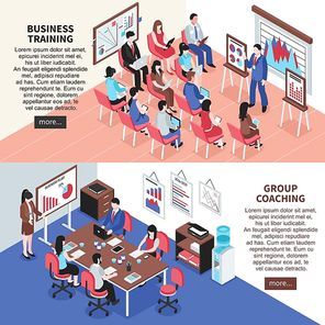 Business training and group coaching  isometric horizontal banners with mentor conducting training and learning of employees vector illustration