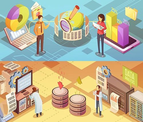Data analysis isometric banners with staff computer equipment global information search charts and statistics isolated vector illustration