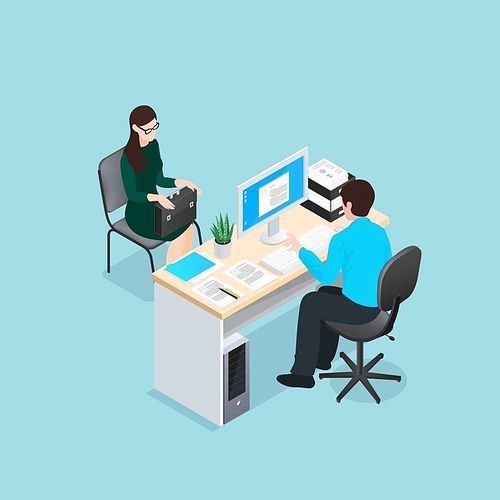 Job interview scene with personnel manager at workplace and woman candidate on blue background isometric vector illustration