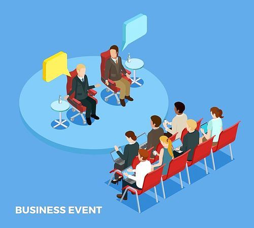 Business coaching isometric template with personnel and speakers on training meeting isolated vector illustration