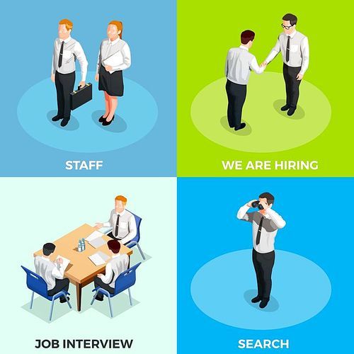 Recruitment isometric 2x2 design concept set with job candidates on colorful backgrounds 3d isolated vector illustration