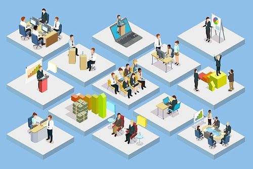 Business training isometric set with staff coaching and learning on gray squares isolated vector illustration