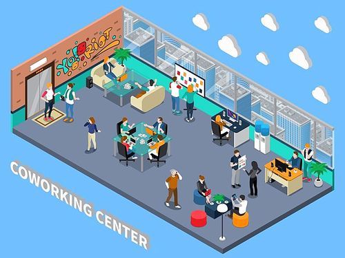 Coworking center isometric interior with people, sofas for meeting, rest zone, workplaces, cityscape from window vector illustration