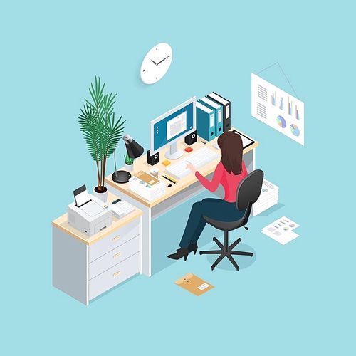 Colored 3d office workplace isometric composition with woman sitting at a computer vector illustration