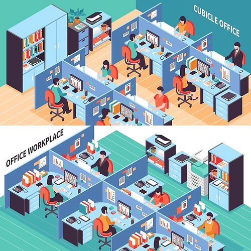 Two open space isometric horizontal banners with people working in office cubicles vector illustration
