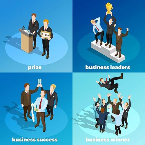 Successful leading business projects managers winners concept 4 isometric icons square with prize money award  isolated vector illustration
