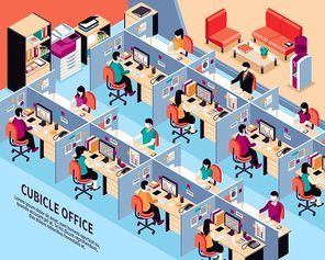 Office workplace isometric vector illustration with men and women working in cubicles at their desks vector illustration