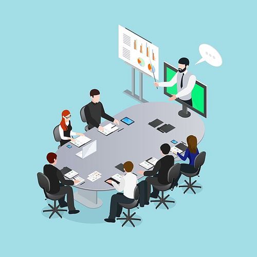 Online conference concept including lecturer with pointer in monitor and audience behind grey table isometric vector illustration