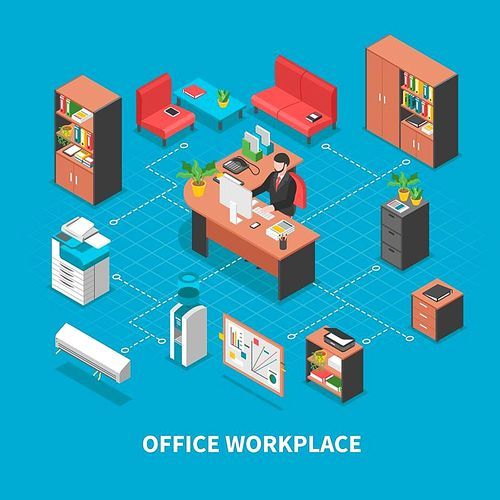 Office workplaces conceptual background with isometric furniture desktop accounting and business machinery connected with dashed lines vector illustration