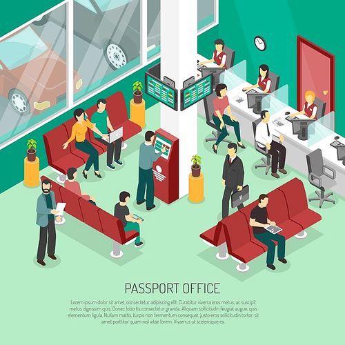 Passport office in green color with employees and visitors terminal of queue interior elements isometric vector illustration