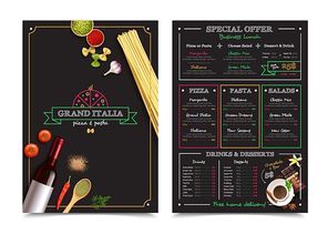 Italian restaurant menu with special offer for business lunch design elements on black background isolated vector illustration