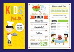 Kids cooking illustration menu with flat artwork doodle style children cook characters and editable menu items vector illustration