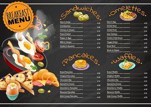 Breakfast menu on black chalkboard including omelettes sandwiches with vegetables pancakes waffles with chocolate, fruits vector illustration