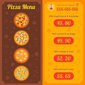 Pizza restaurant menu template layout with food cart vector illustration