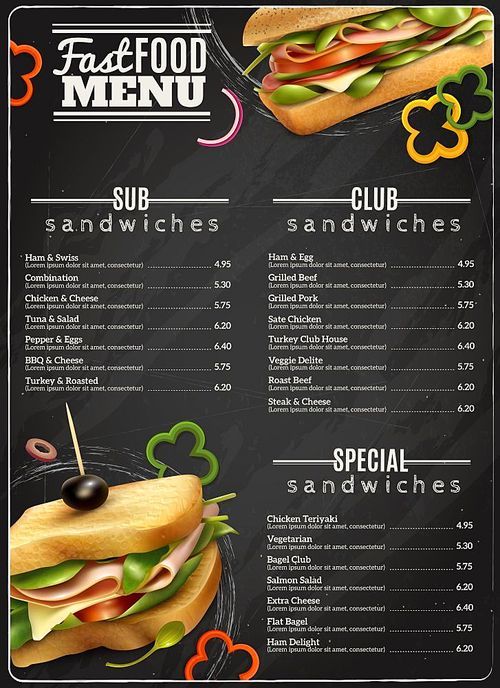 Fast food cafe healthy options wholegrain wheat multigrain sandwiches blackboard menu realistic advertisement poster  vector illustration