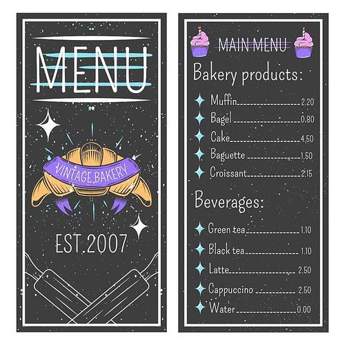 Vintage bakery menu template on black background with emblem, price list for pastry and beverages vector illustration