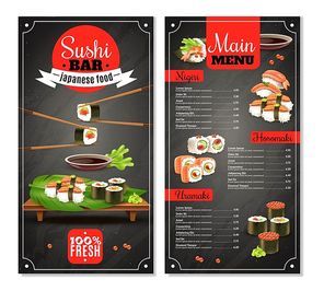 Sushi bar menu with label, chopsticks, price list for nigiri, maki on black background isolated vector illustration
