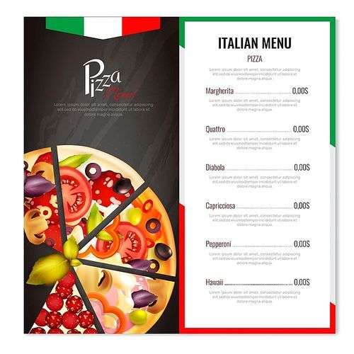 Pizza menu design with realistic images of pizza slices with italian national symbolics and editable text vector illustration