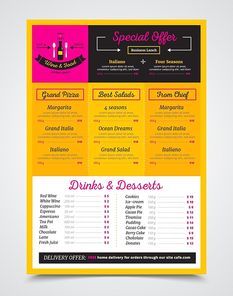 Cafe bistro menu template with special business lunch and free delivery delivery offer colorful realistic vector illustration